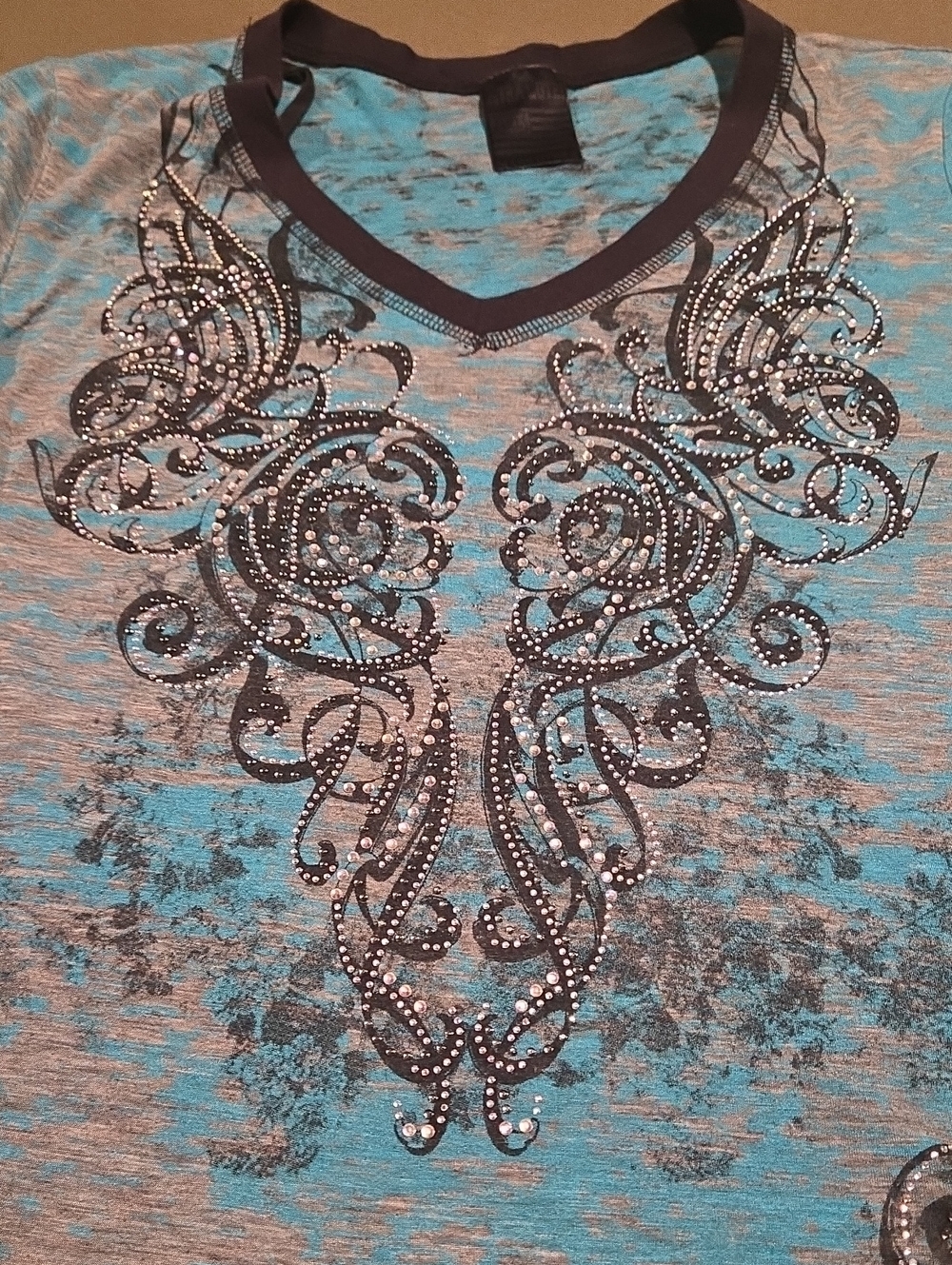 Women's Turquoise Rhinestone Embellished V-Neck Top